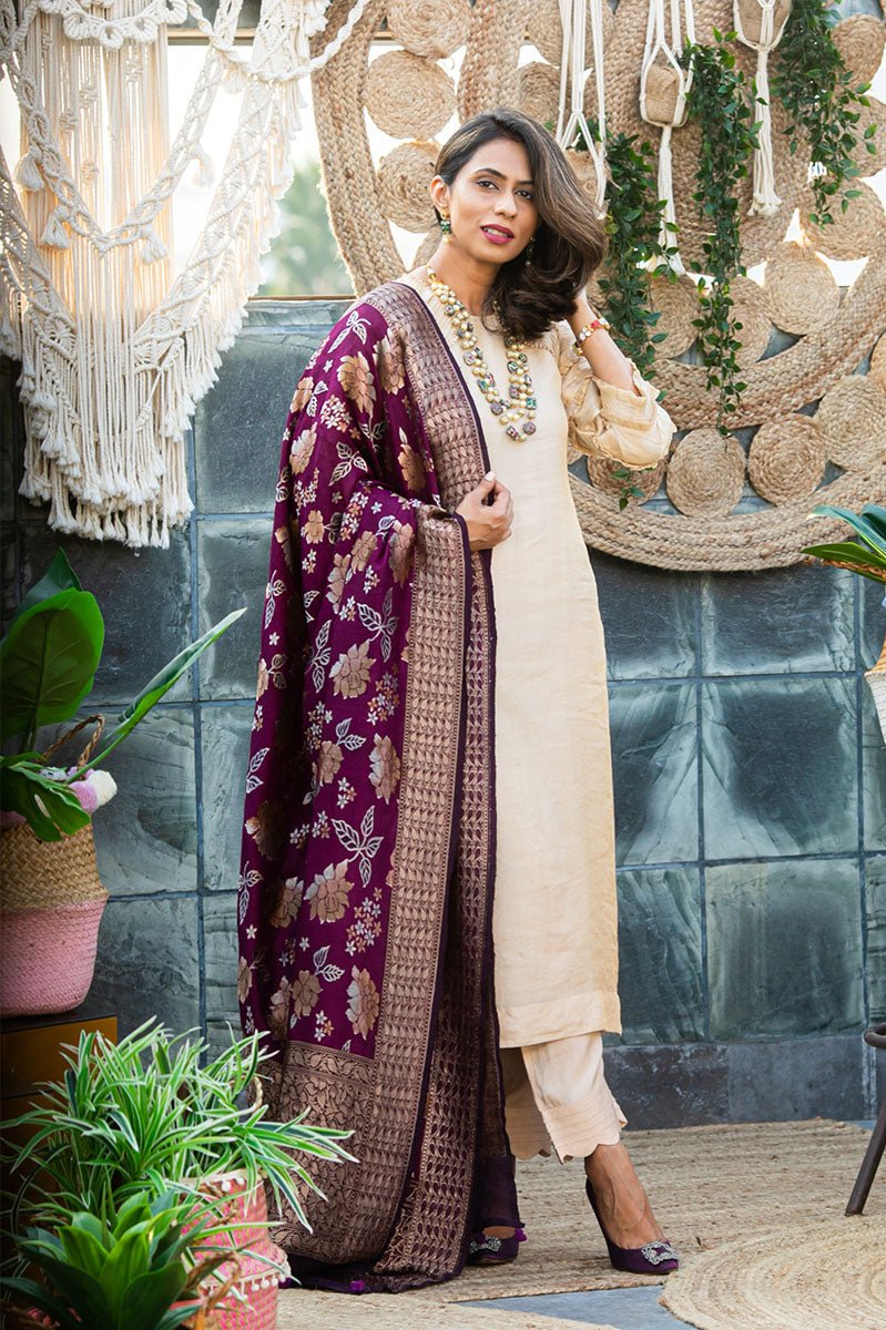 Beige Tissue Silk Kurta Set - Chinaya Banaras