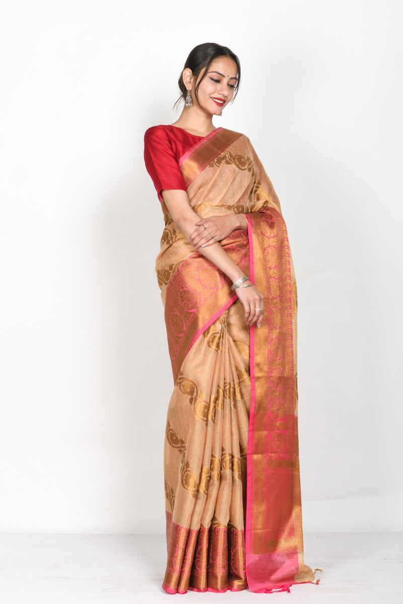 Beige Woven Bnarasi Cotton Saree - Chinaya Banaras