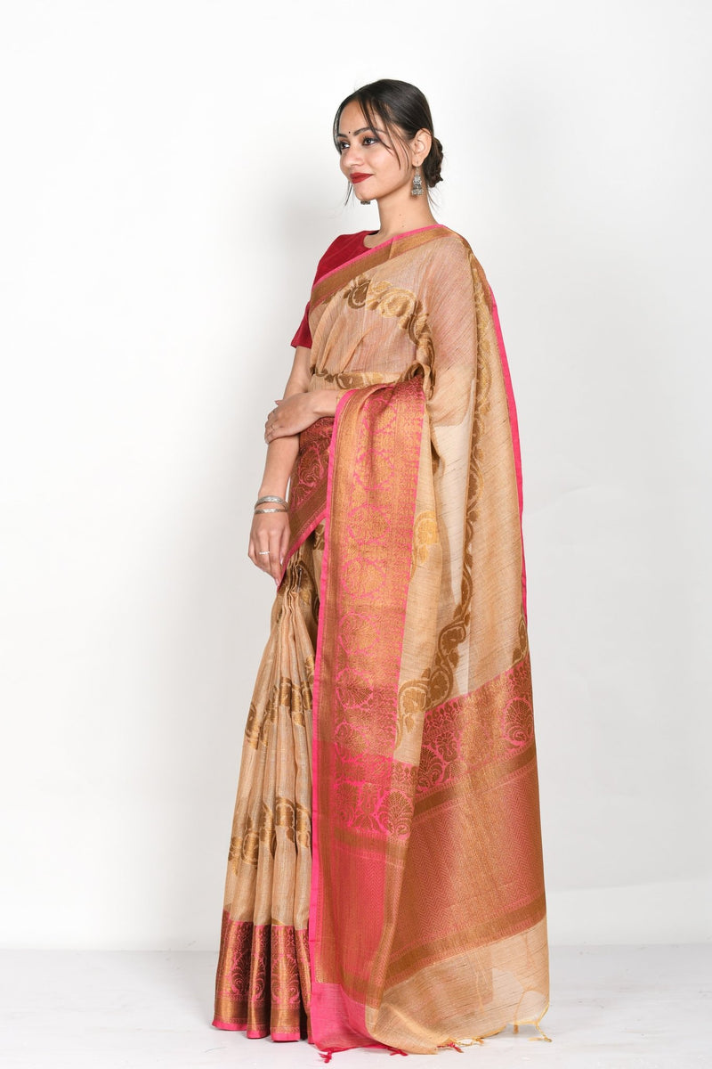 Beige Woven Bnarasi Cotton Saree - Chinaya Banaras
