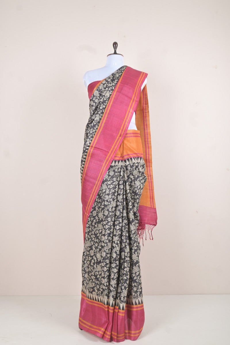 Black & Pink Kalamkari Printed Tussar Silk Saree - Chinaya Banaras