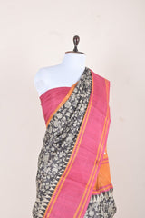 Black & Pink Kalamkari Printed Tussar Silk Saree - Chinaya Banaras