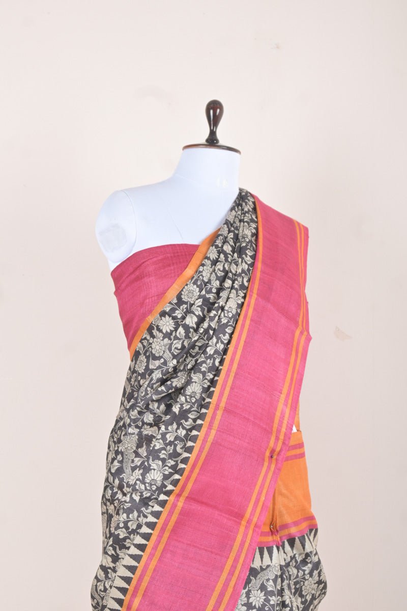 Black & Pink Kalamkari Printed Tussar Silk Saree - Chinaya Banaras