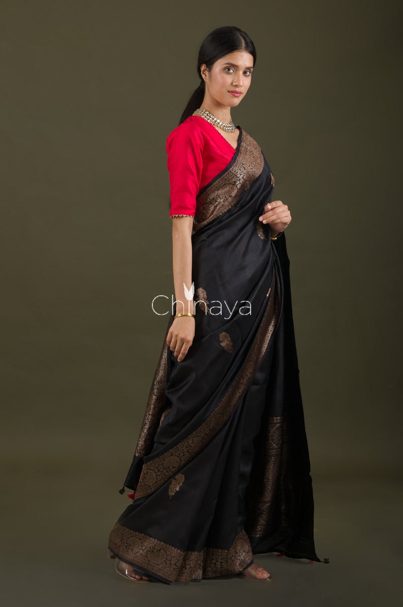 Black Raw Silk Saree - Chinaya Banaras