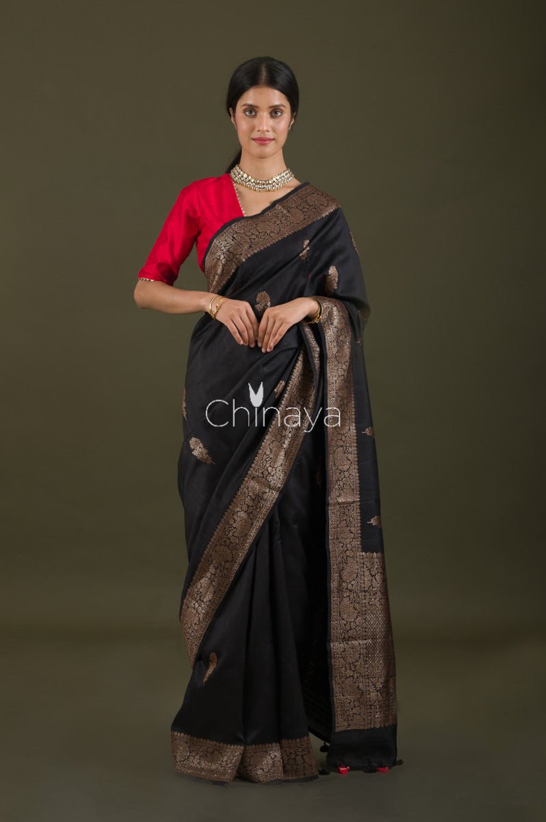 Black Raw Silk Saree - Chinaya Banaras
