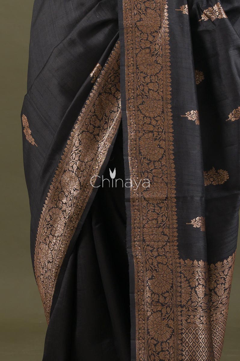 Black Raw Silk Saree - Chinaya Banaras