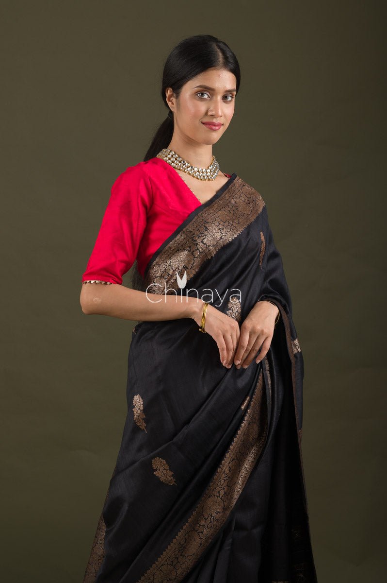 Black Raw Silk Saree - Chinaya Banaras