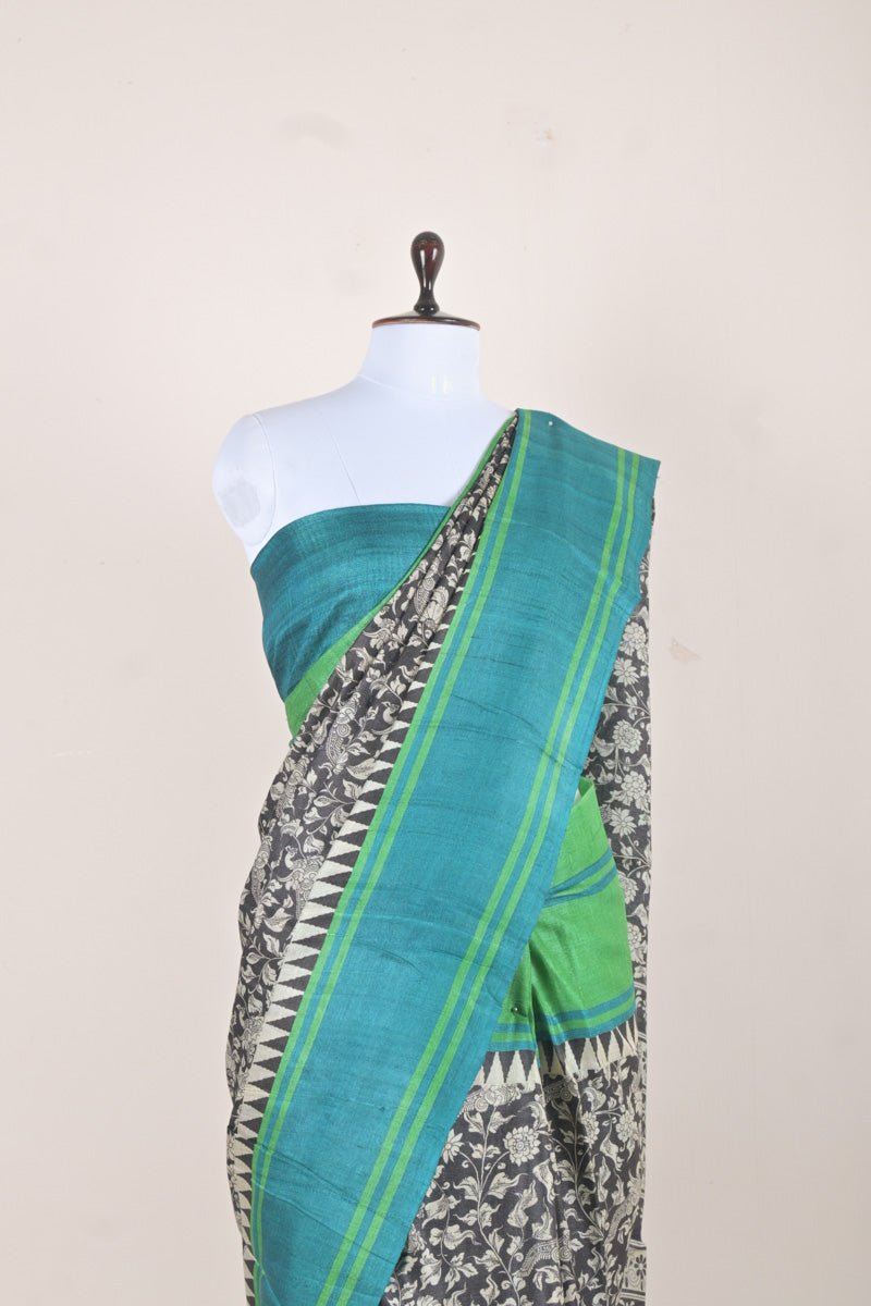 Black & Sea Green Kalamkari Printed Tussar Saree - Chinaya Banaras