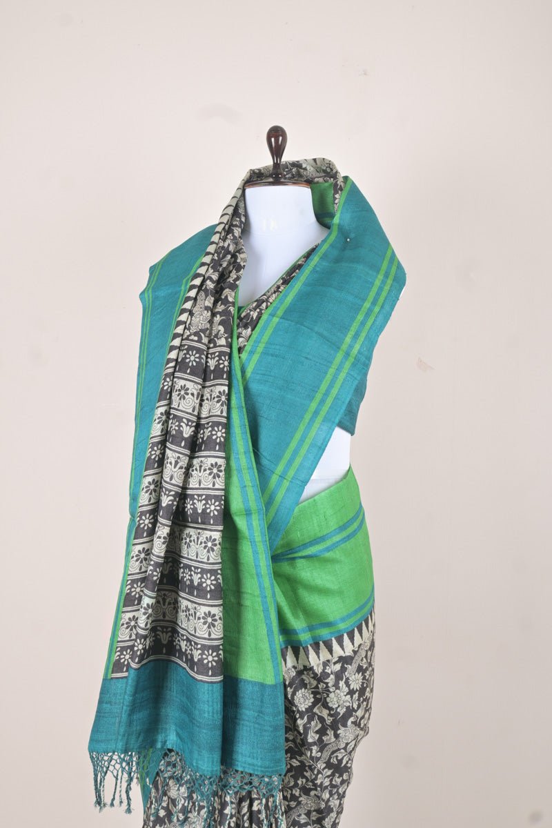 Black & Sea Green Kalamkari Printed Tussar Saree - Chinaya Banaras