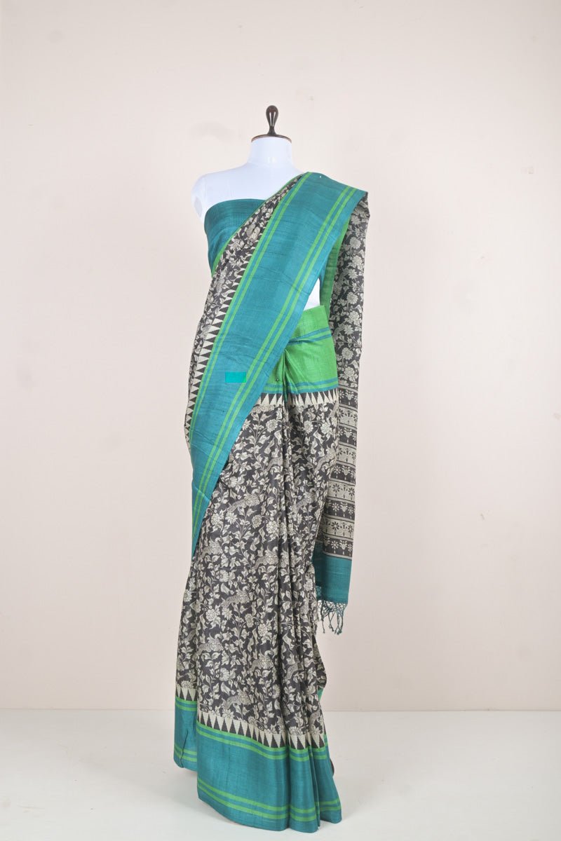Black & Sea Green Kalamkari Printed Tussar Saree - Chinaya Banaras