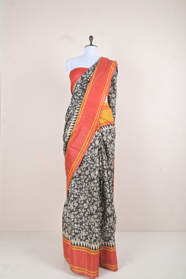 Black & Tangerine Kalamkari Printed Tussar Silk Saree - Chinaya Banaras