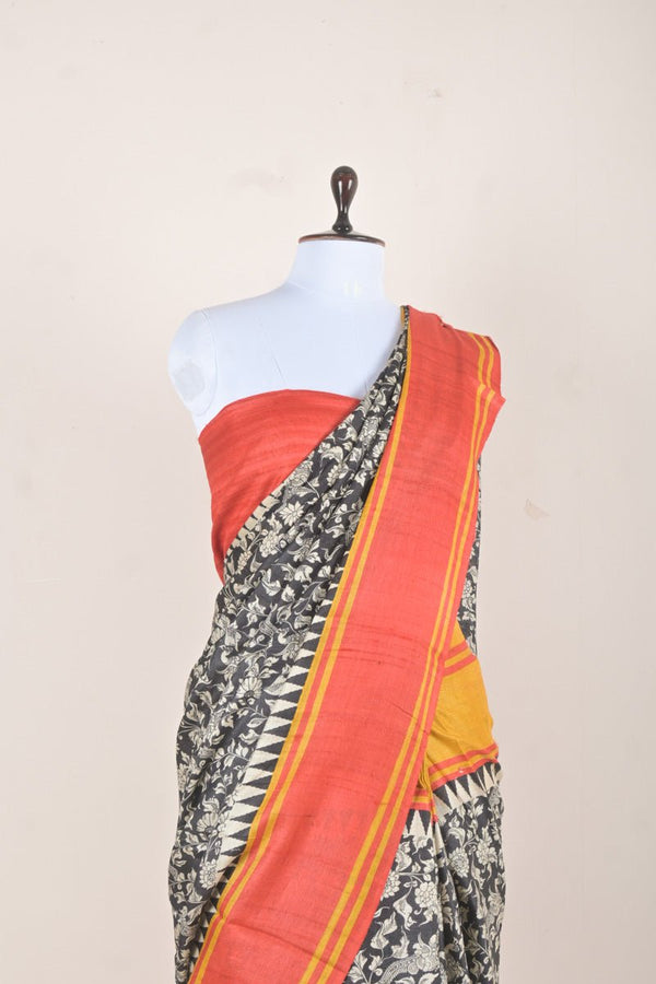 Black & Tangerine Kalamkari Printed Tussar Silk Saree - Chinaya Banaras