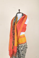 Black & Tangerine Kalamkari Printed Tussar Silk Saree - Chinaya Banaras