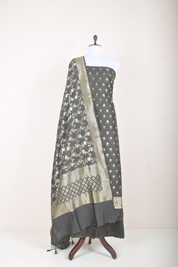 Black Woven Mulberry Silk Dress Material - Chinaya Banaras