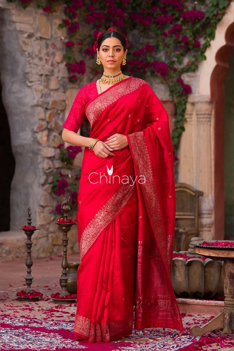 Blood Red Woven Raw Silk Saree - Chinaya Banaras