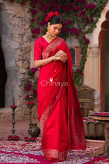 Blood Red Woven Raw Silk Saree - Chinaya Banaras