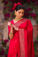 Blood Red Woven Raw Silk Saree - Chinaya Banaras