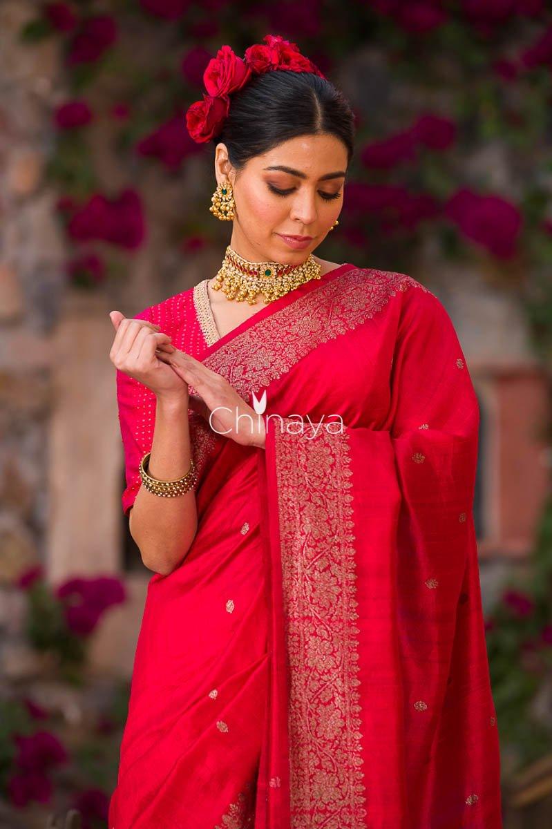 Blood Red Woven Raw Silk Saree - Chinaya Banaras