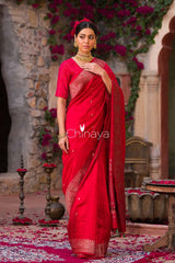 Blood Red Woven Raw Silk Saree - Chinaya Banaras