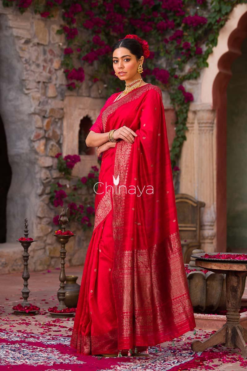 Blood Red Woven Raw Silk Saree - Chinaya Banaras