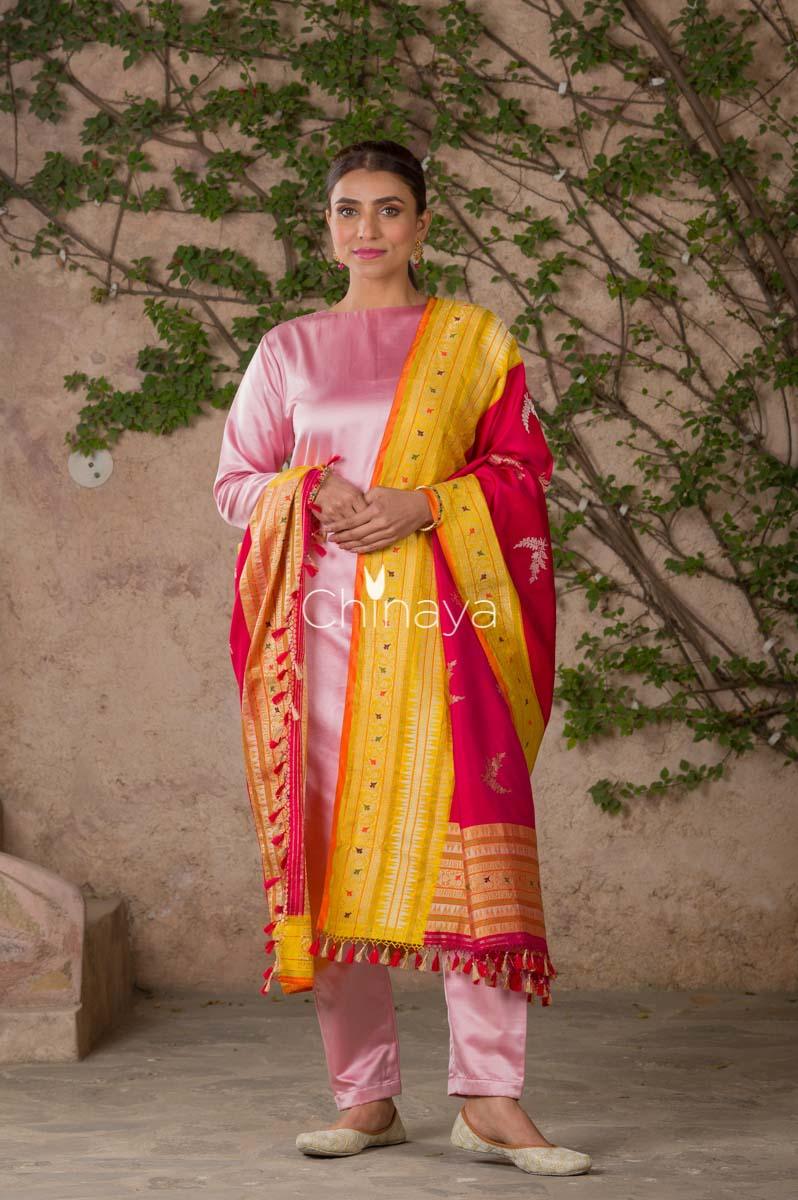  Pink Handwoven Banarasi Silk Dupatta At Chinaya Banaras