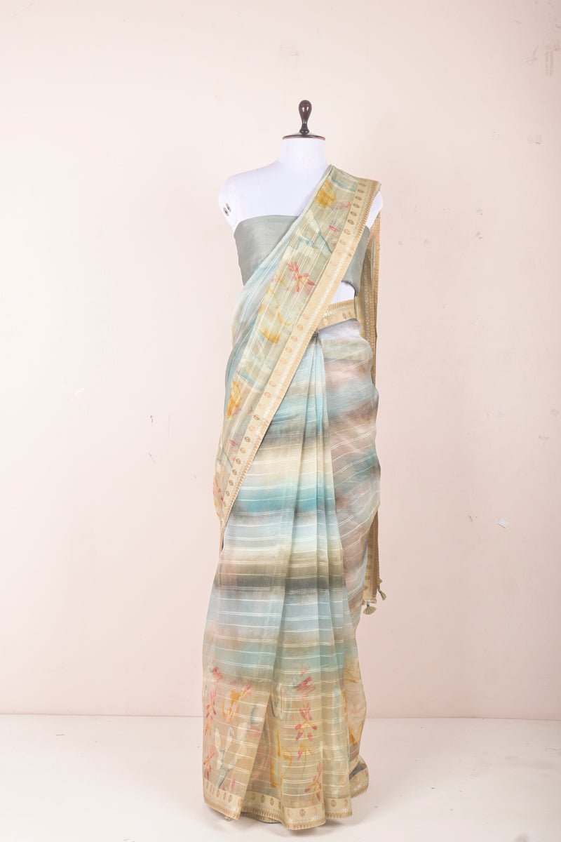 Bluish Grey Floral Digital pRinted Organza Saree - Chinaya Banaras