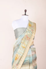 Bluish Grey Floral Digital pRinted Organza Saree - Chinaya Banaras