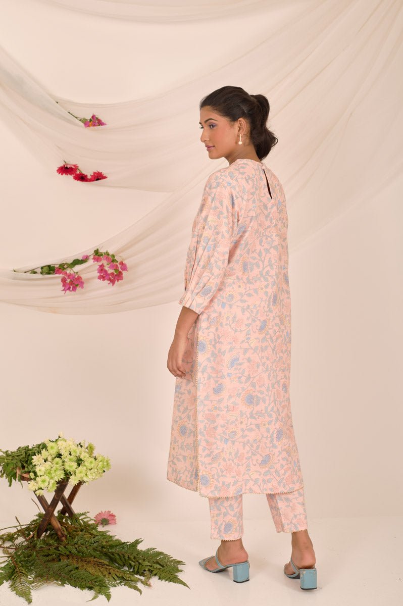 Blush Pink Floral Printed Cotton Kurta Set - Chinaya Banaras