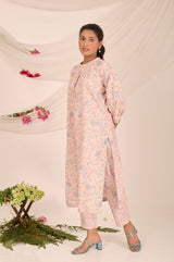 Blush Pink Floral Printed Cotton Kurta Set - Chinaya Banaras