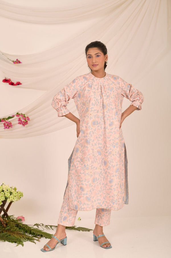 Blush Pink Floral Printed Cotton Kurta Set - Chinaya Banaras