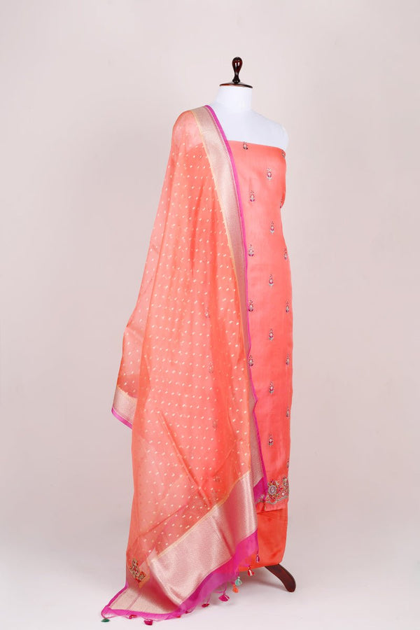 Brick Pink Embroided Organza Silk Dress Material - Chinaya Banaras