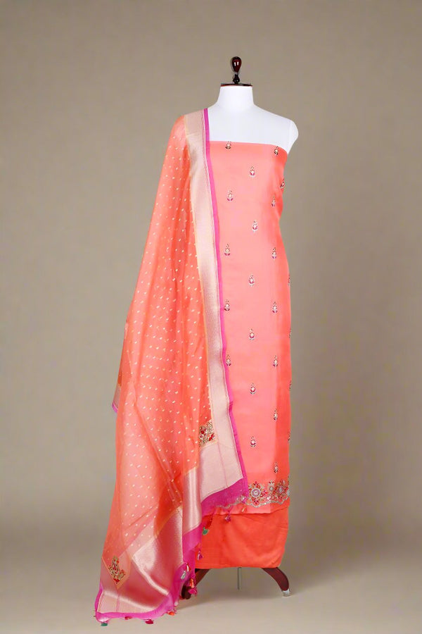 Brick Pink Embroided Organza Silk Dress Material - Chinaya Banaras