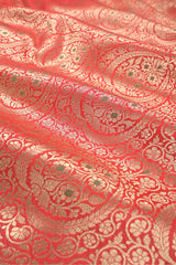 Bright Red Handwoven Banarasi Silk Fabric - Chinaya Banaras
