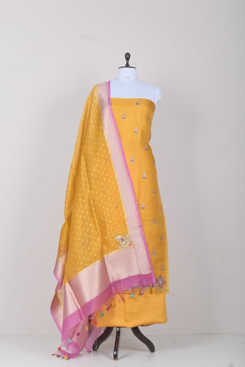 Bright Yellow Embroidered Organza Silk Dress Material - Chinaya Banaras
