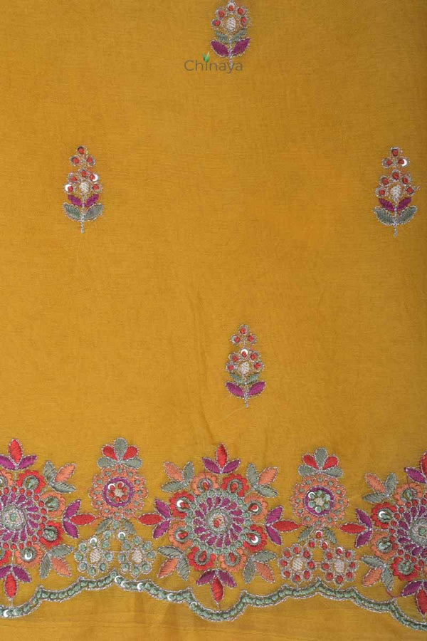 Bright Yellow Embroidered Organza Silk Dress Material - Chinaya Banaras