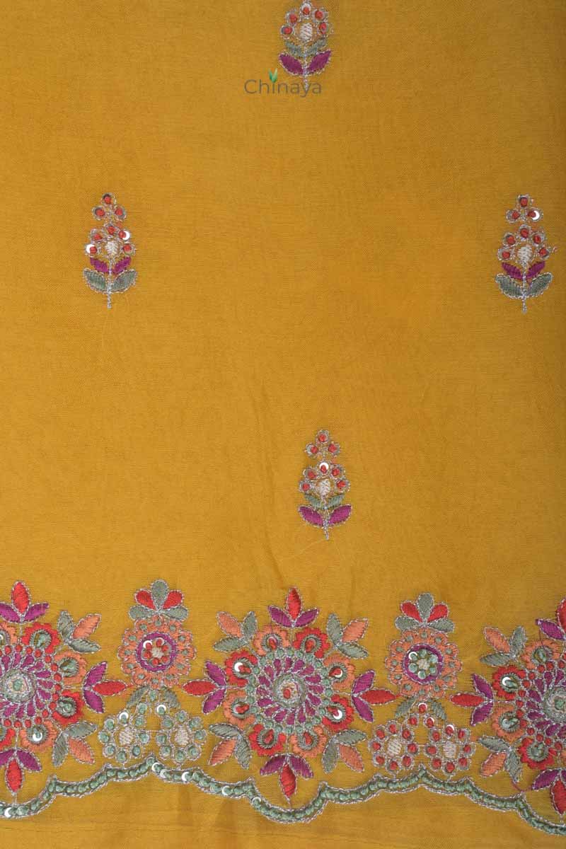 Bright Yellow Embroidered Organza Silk Dress Material - Chinaya Banaras