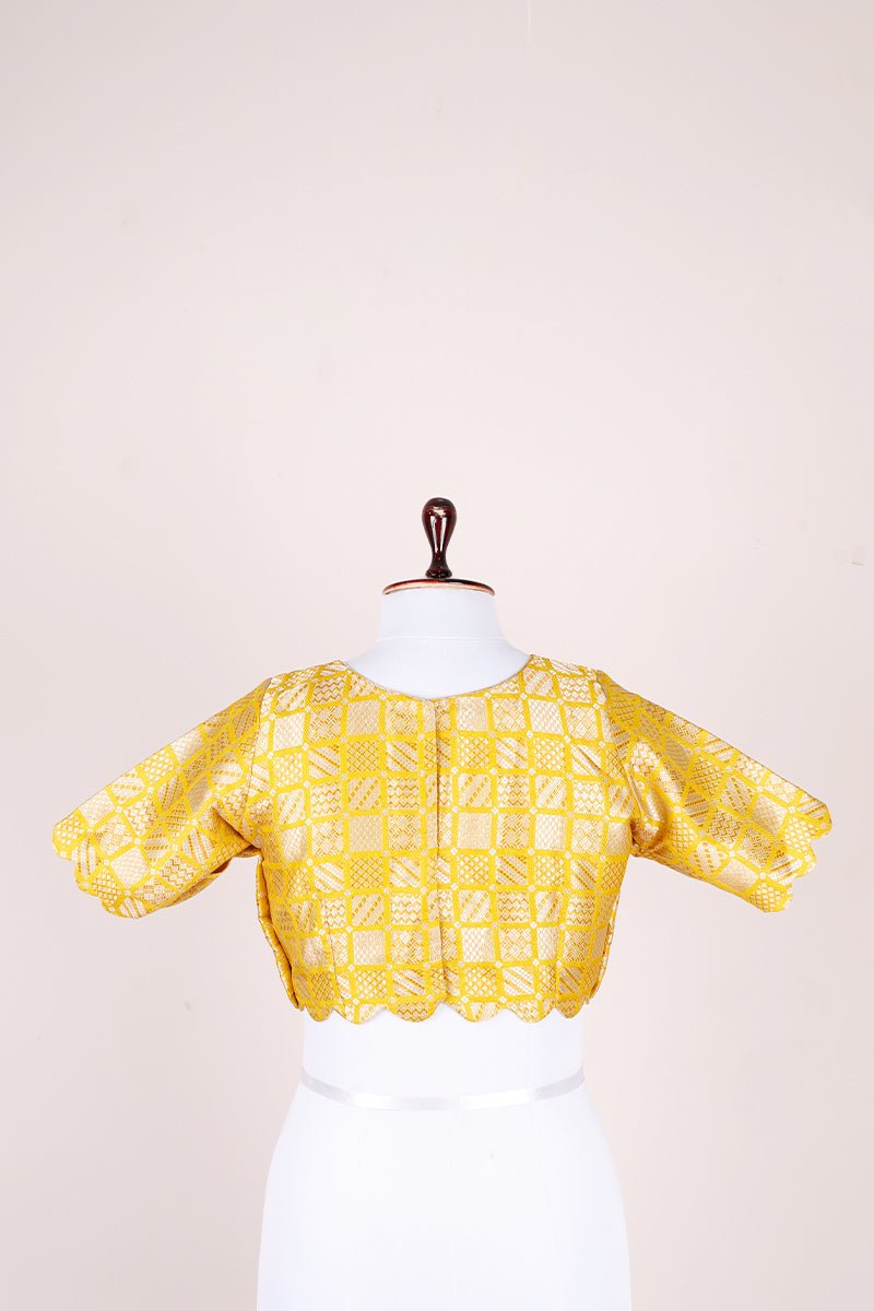 Bright Yellow Handwoven Banarasi Silk Blouse - Chinaya Banaras