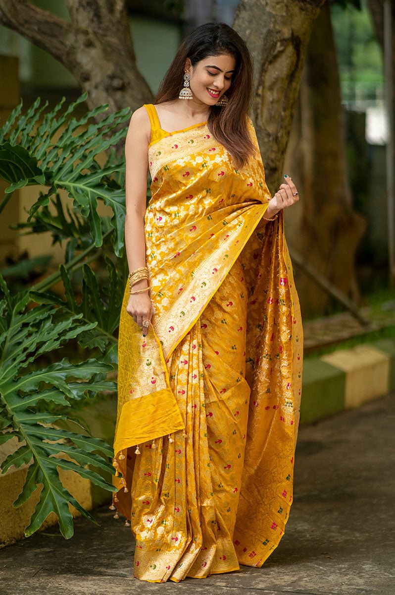 Bright Yellow Meenadar Handwoven Banarasi Silk Saree - Chinaya Banaras