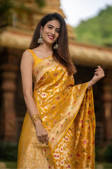 Bright Yellow Meenadar Handwoven Banarasi Silk Saree - Chinaya Banaras