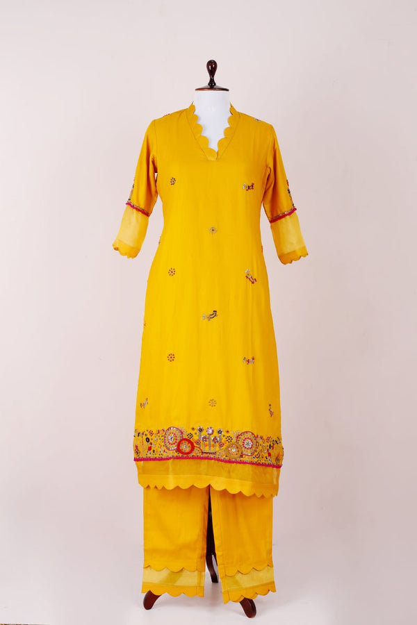 Bright Yellow Zardozi Embroidered Cotton Kurta Pant Set - Chinaya Banaras