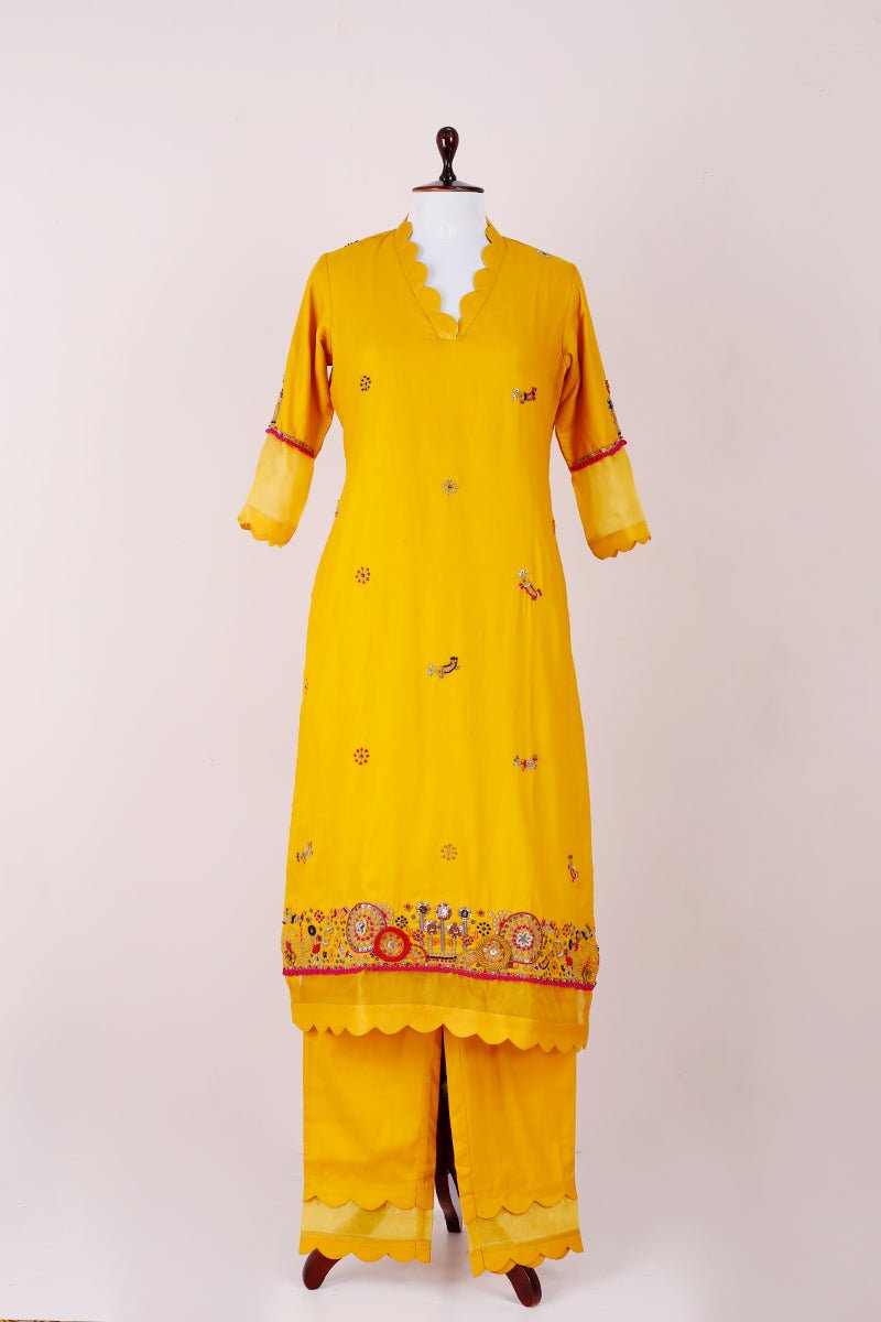 Yellow Zardozi Embroidered Cotton Kurta Pant Set  By Chinaya Banaras