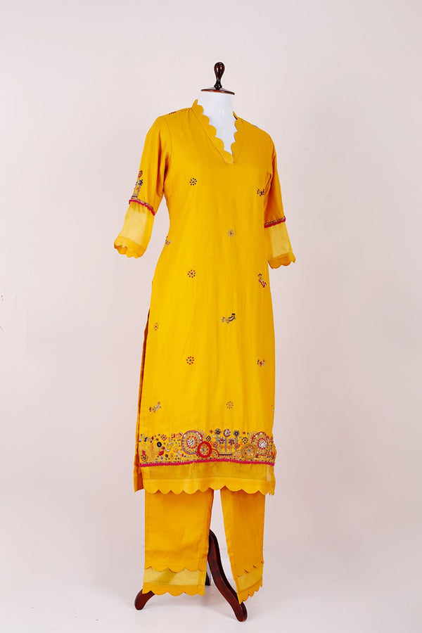Bright Yellow Zardozi Embroidered Cotton Kurta Pant Set - Chinaya Banaras