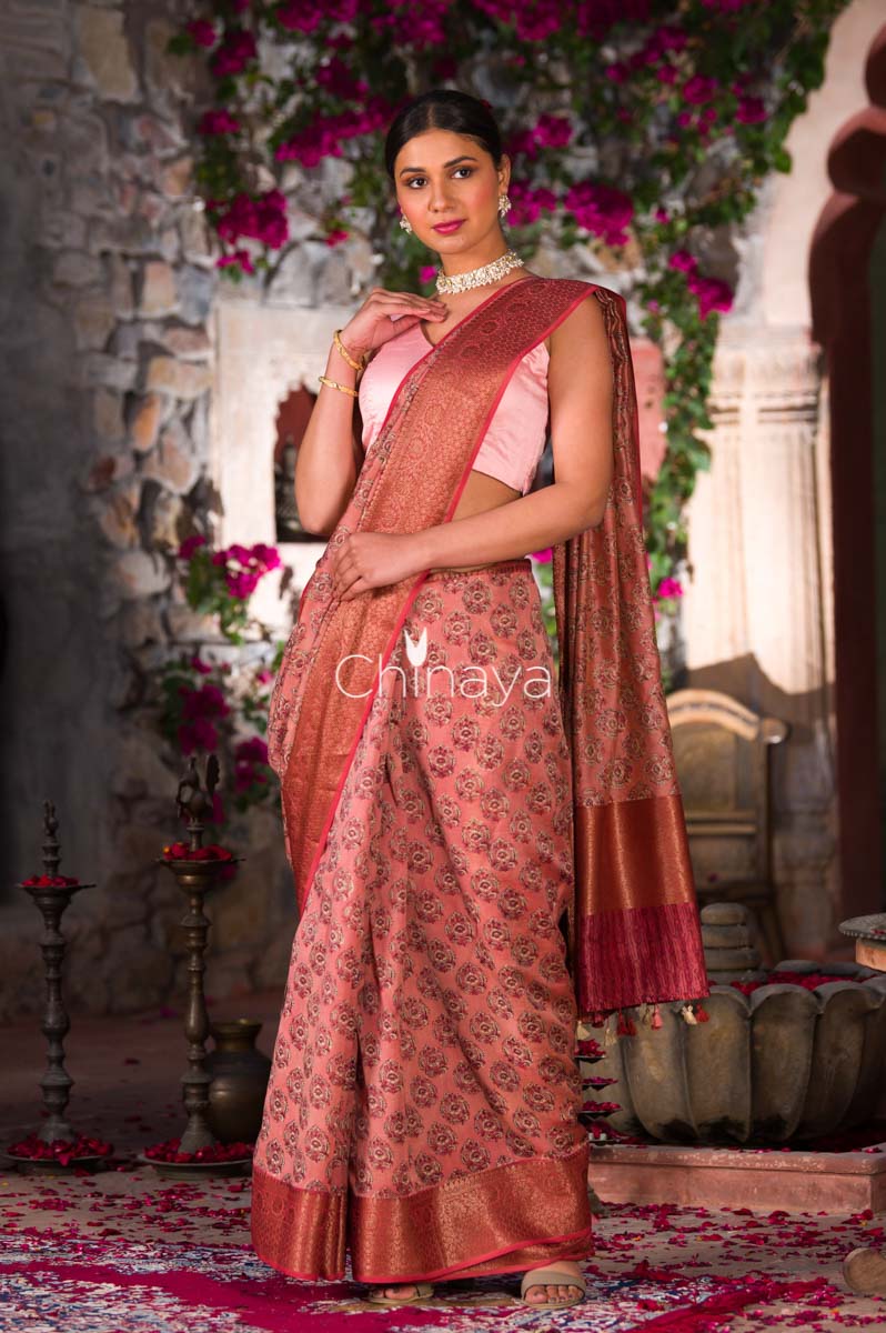 Caramel Coco Muave Floral Printed Chanderi Silk - Chinaya Banaras