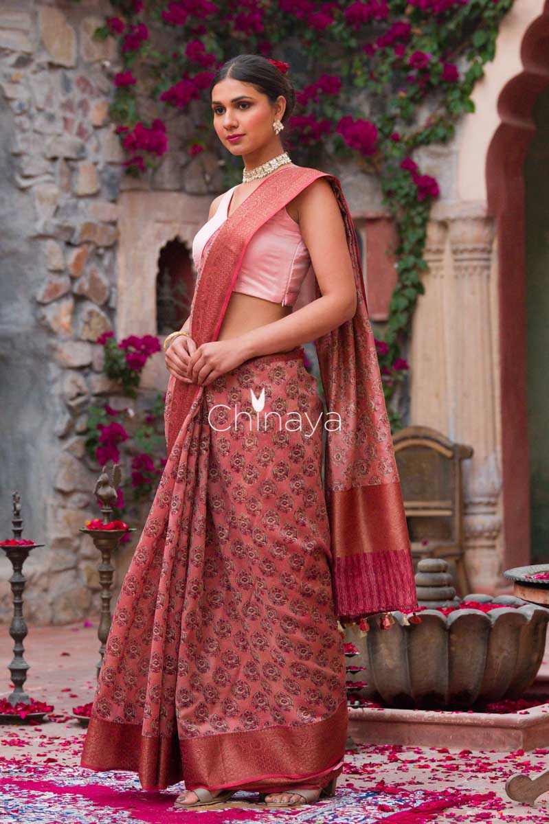 Caramel Coco Muave Floral Printed Chanderi Silk - Chinaya Banaras
