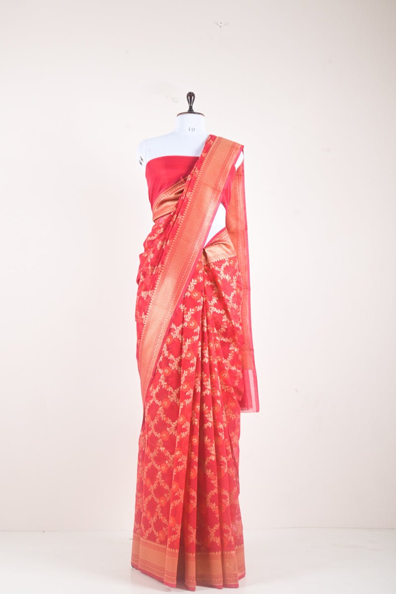 Cerise Red Woven Banarasi Cotton Saree - Chinaya Banaras