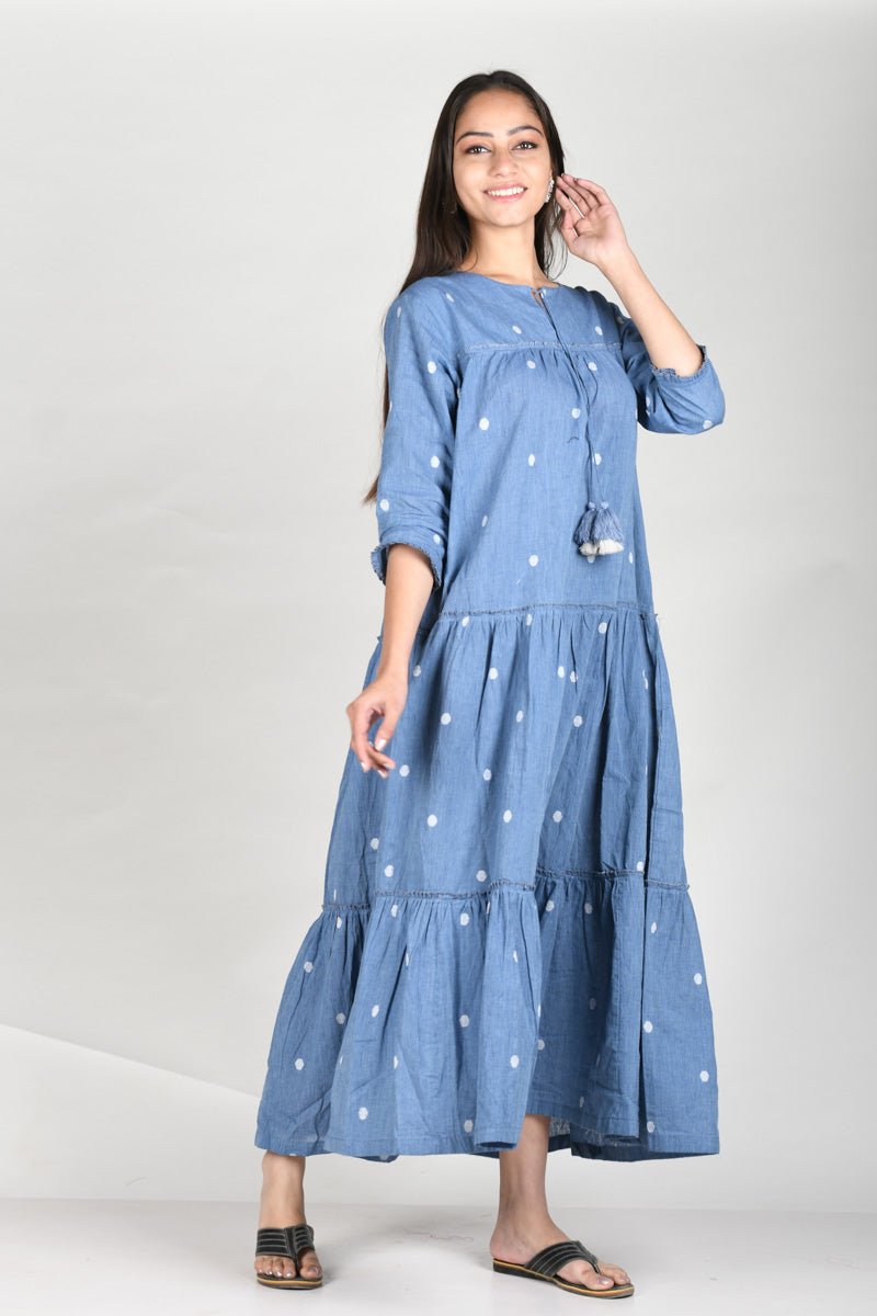 Chambrey Blue Cotton Flaired Dress - Chinaya Banaras