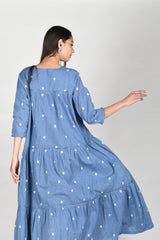 Chambrey Blue Cotton Flaired Dress - Chinaya Banaras