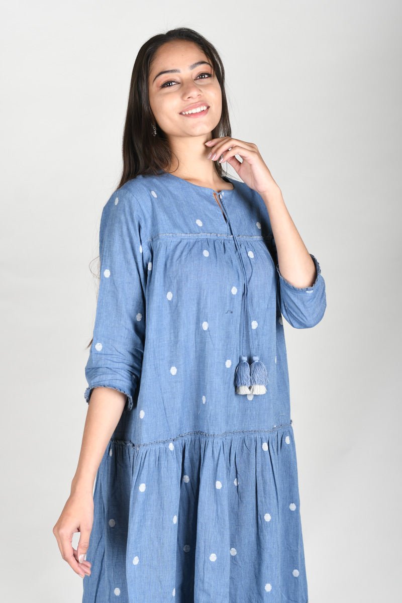 Chambrey Blue Cotton Flaired Dress - Chinaya Banaras