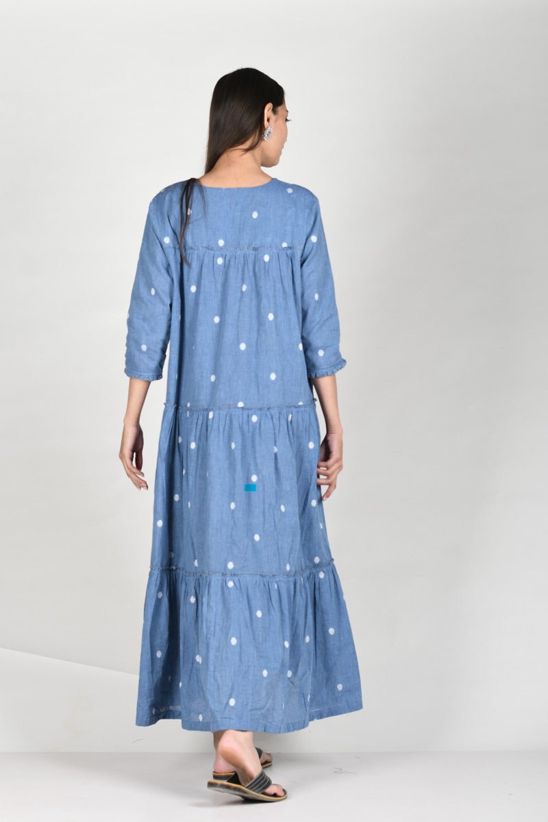Chambrey Blue Cotton Flaired Dress - Chinaya Banaras