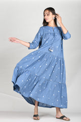 Chambrey Blue Cotton Flaired Dress - Chinaya Banaras
