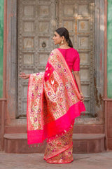 Cherry Blossom Crimson Pink Handwoven Banarasi Silk Saree - Chinaya Banaras